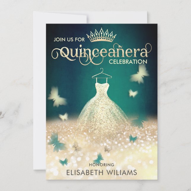 Invitation Parties scintillant en or Emerald Green papillon (Devant)