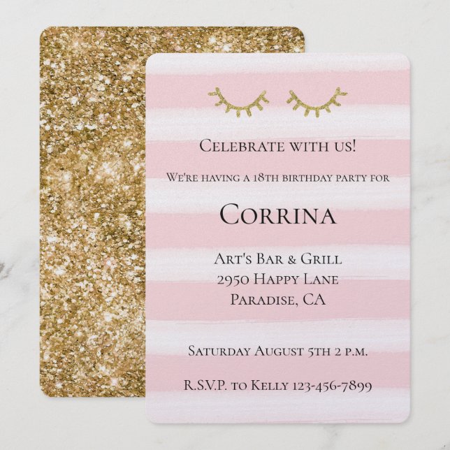Invitation Parties scintillant en or Glam Eyelashes Stripes A (Devant / Derrière)