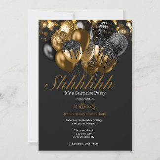 Invitation parties scintillant en or noir ballons d'anniversa