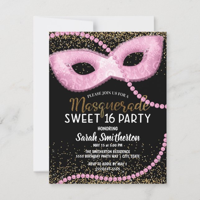 Invitation Parties scintillant en or noir rose Masquerade Swe (Devant)