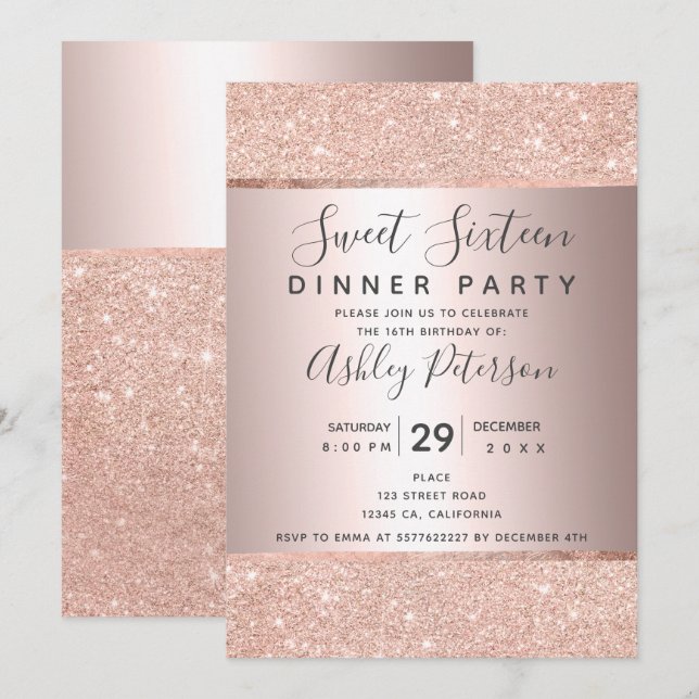 Invitation Parties scintillant en or rose à huile typographie (Devant / Derrière)