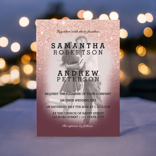 Invitation parties scintillant en or rose bordeaux ombre phot (Rose gold glitter burgundy ombre photo wedding invitation)