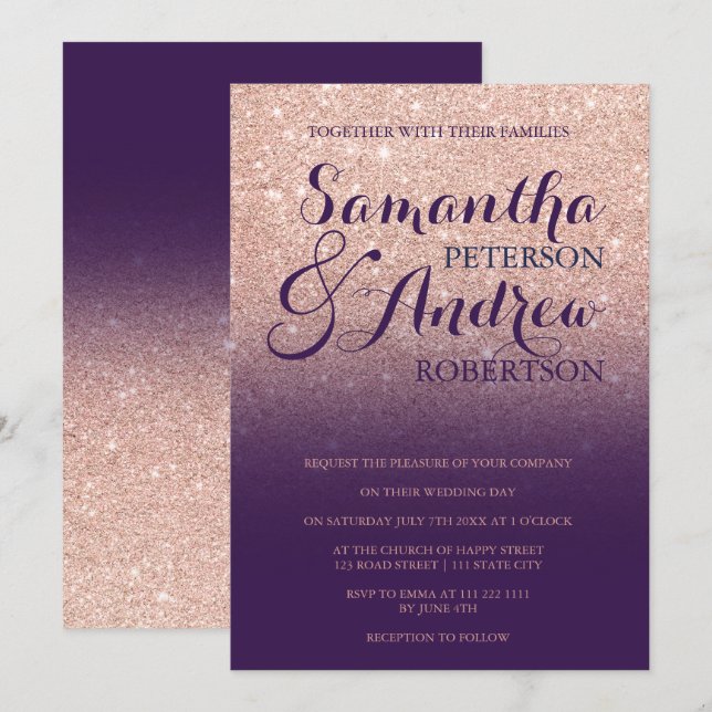 Invitation Parties scintillant en or rose chic mariage de rai (Devant / Derrière)