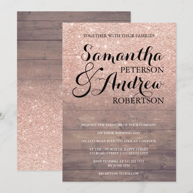 Invitation Parties scintillant en or rose chic mariage en boi (Devant / Derrière)