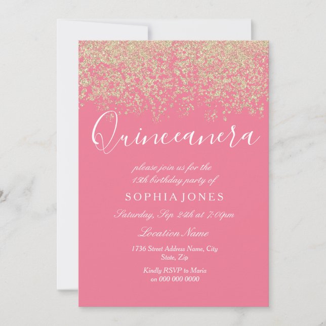 Invitation Parties scintillant en or rose Confetti Quinceaner (Devant)