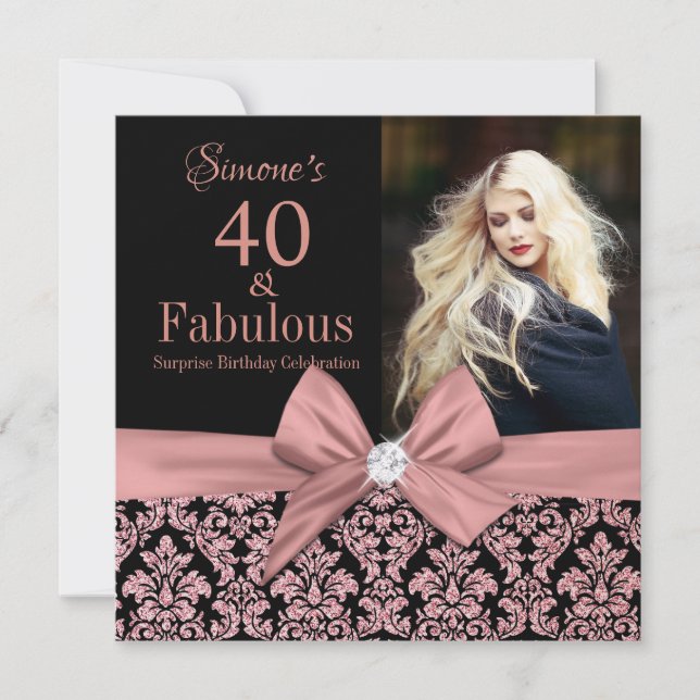 Invitation parties scintillant en or rose damask 40th Birthda (Devant)