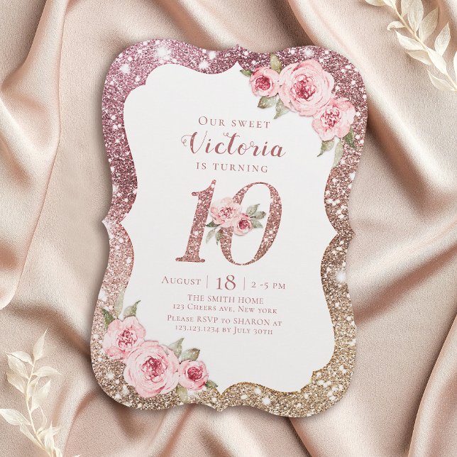 Invitation Parties scintillant en or rose étincelante et 10e  (Sparkle rose gold glitter and floral 10th birthday invitation)