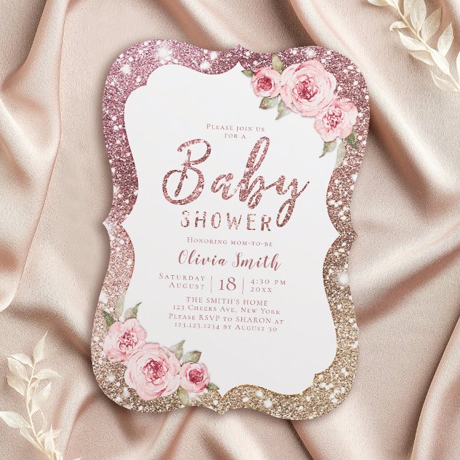 Invitation Parties scintillant en or rose étincelante et baby (Sparkle rose gold glitter and floral baby shower invitation)