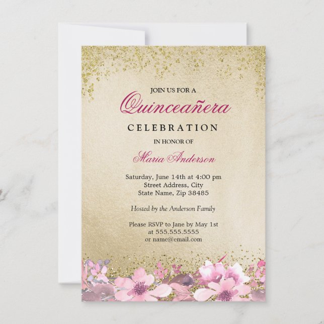 Invitation Parties scintillant en or rose Floral Shimmer Quin (Devant)
