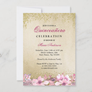 Invitation Parties scintillant en or rose Floral Shimmer Quin