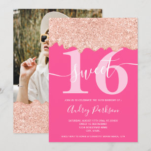 Invitation parties scintillant en or rose gouttes photo néon 