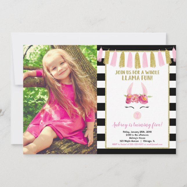 Invitation Parties scintillant en or rose noir Llama photo de (Devant)