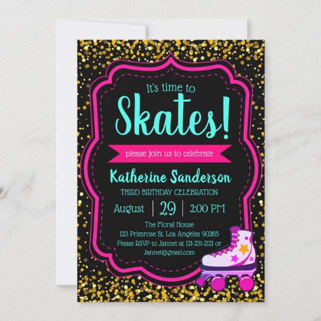 Invitation parties scintillant en or rose noir Roller Skate A (Devant)