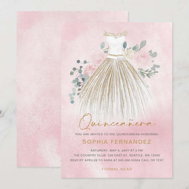 Invitation Parties scintillant en or rose pâle Robe Florale Q (Devant / Derrière)