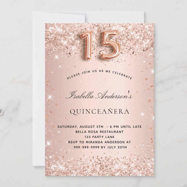 Invitation Parties scintillant en or rose Quinceanera (Devant)