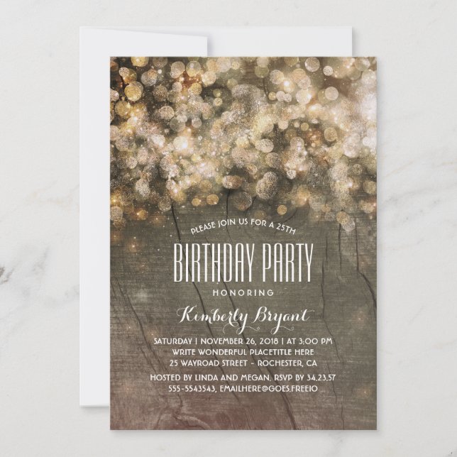 Invitation Parties scintillant en or rustique illumine Bois f (Devant)