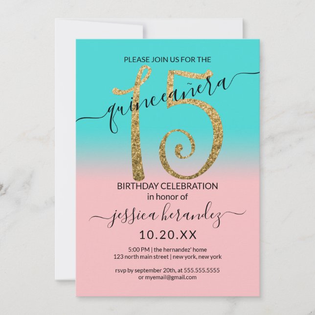 Invitation Parties scintillant en or Turquoise rose Fille Omb (Devant)