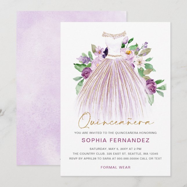 Invitation Parties scintillant en or violet Robe Florale Quin (Devant / Derrière)