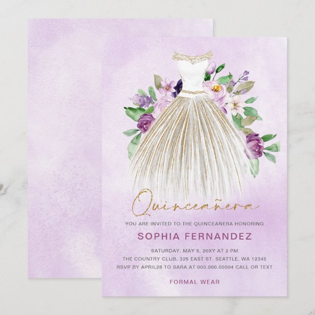 Invitation Parties scintillant en or violet Robe Florale Quin (Devant / Derrière)