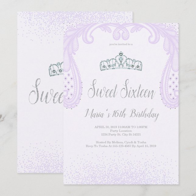 Invitation Parties scintillant et dentelle violettes, sucré 1 (Devant / Derrière)