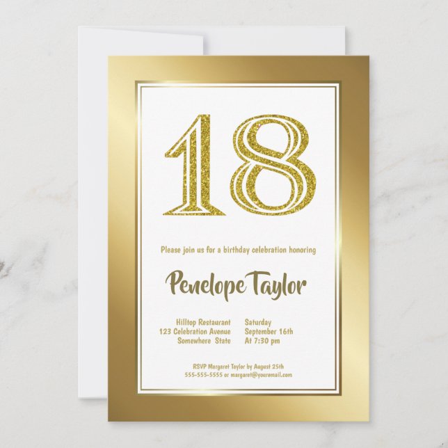 Invitation Parties scintillant et Gold 18ème anniversaire (Devant)