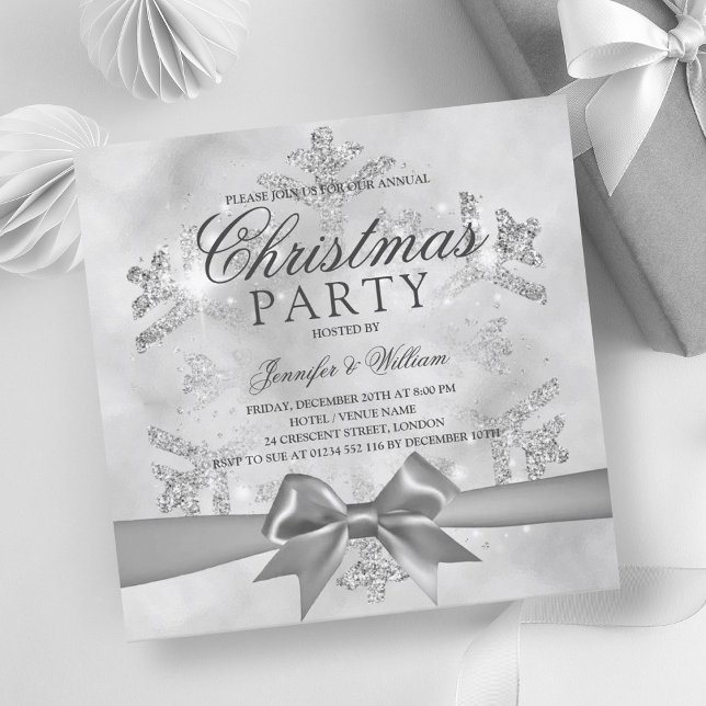 Invitation Parties scintillant et ruban en argent | Fête de N (Silver Glitter & Ribbon | Xmas Holiday Invitation)