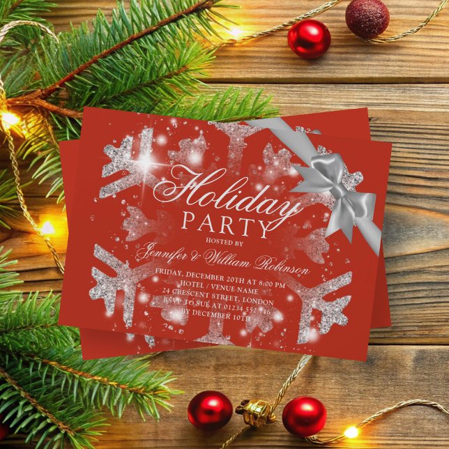 Invitation Parties scintillant et ruban en argent | Noël (Silver Glitter & Ribbon | Xmas Holiday Red Invitation)
