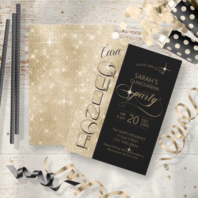 Invitation Parties scintillant et Shine Quinceanera Noir/Or I (Front/Back In Situ)