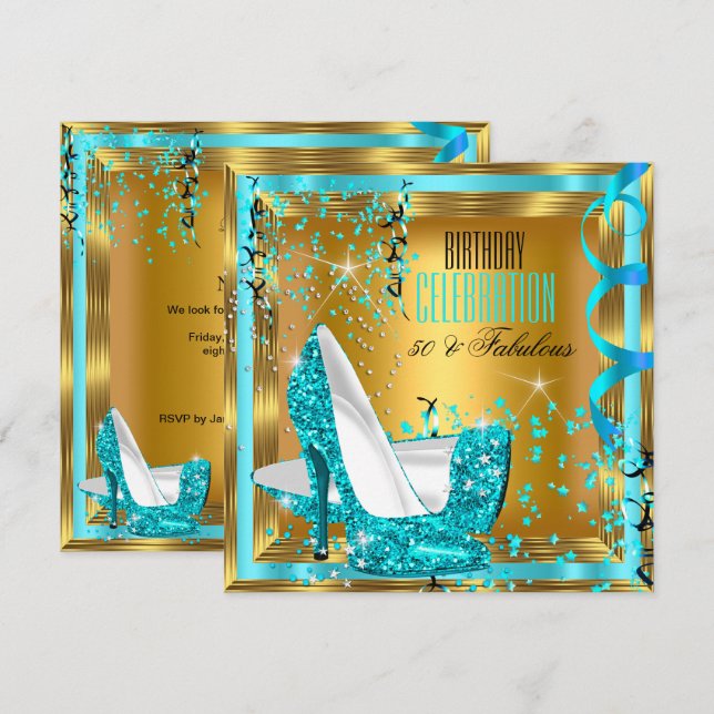 Invitation Parties scintillant fabuleuse Turquoise talons d'o (Devant / Derrière)