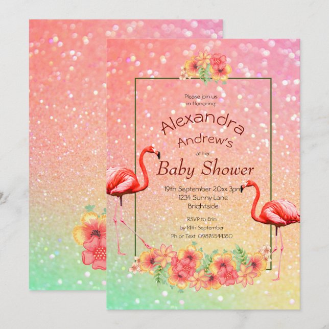 Invitation Parties scintillant Flamant rose Fleurs tropicales (Devant / Derrière)