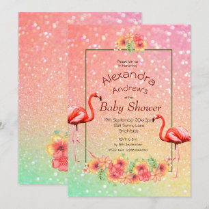 Invitation Parties scintillant Flamant rose Fleurs tropicales
