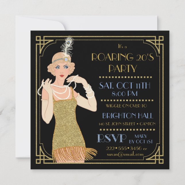 Invitation Parties scintillant Flapper Gold des années 20 Bla (Devant)