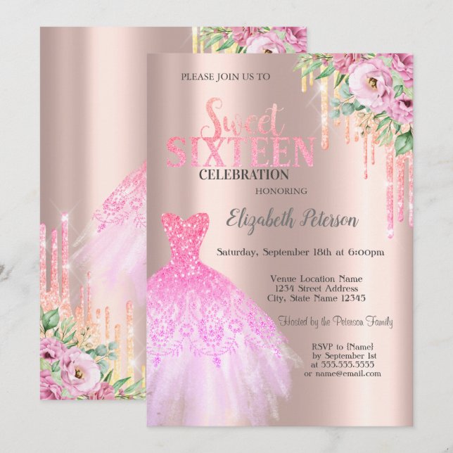 Invitation Parties scintillant, Fleurs de robe Rose Gold Swee (Devant / Derrière)