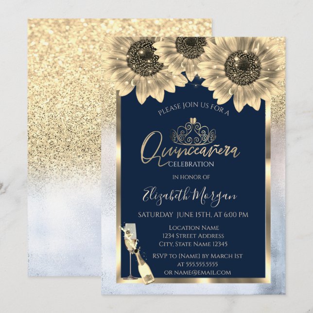 Invitation Parties scintillant, Fleurs de soleil, Quinceanera (Devant / Derrière)