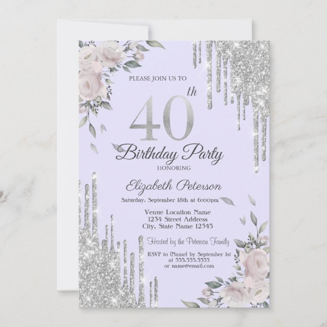 Invitation Parties scintillant, Fleurs Lavander 40e anniversa (Devant)