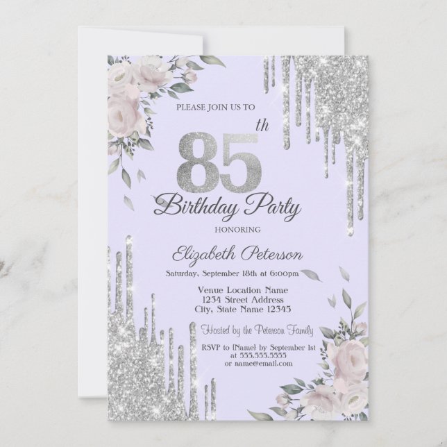 Invitation Parties scintillant, Fleurs Lavander 85e anniversa (Devant)