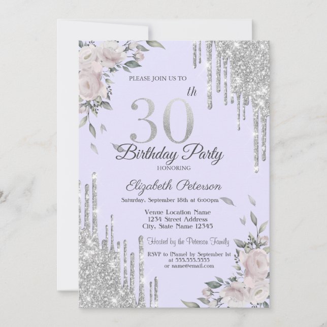 Invitation Parties scintillant, Fleurs pourpres 30e anniversa (Devant)