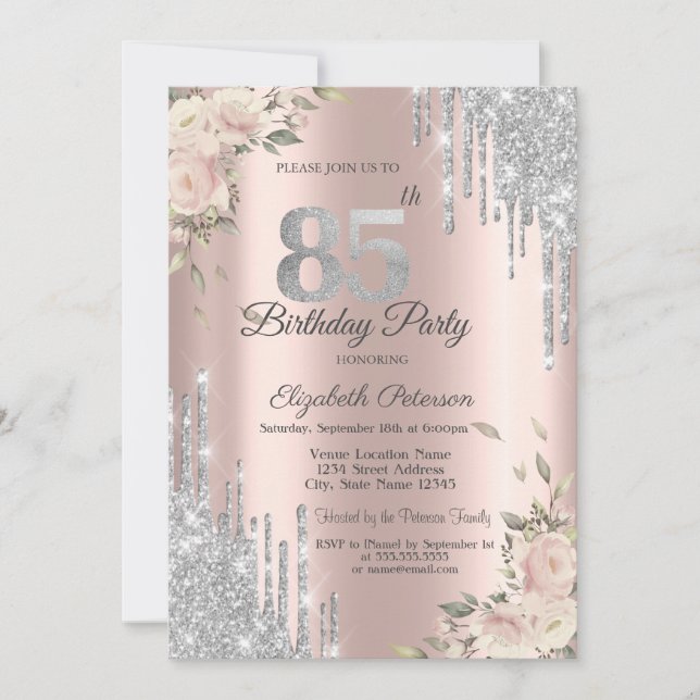 Invitation Parties scintillant, Fleurs Rose Or 85e anniversai (Devant)