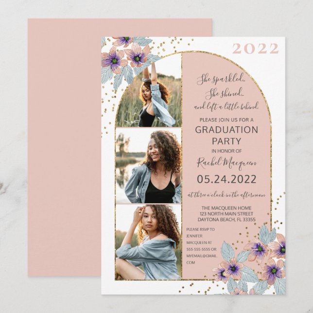 Invitation Parties scintillant Fleurs Roses Confetti Photo Gr (Devant / Derrière)