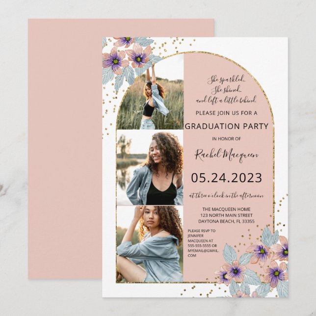 Invitation Parties scintillant Fleurs Roses Confetti Photo Gr (Devant / Derrière)