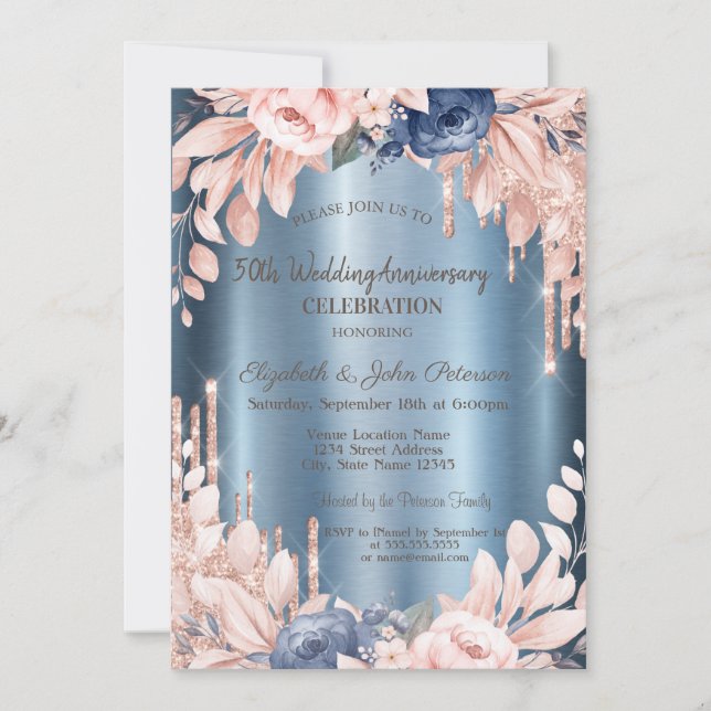Invitation Parties scintillant  Floral Blue Mariage Anniversa (Devant)