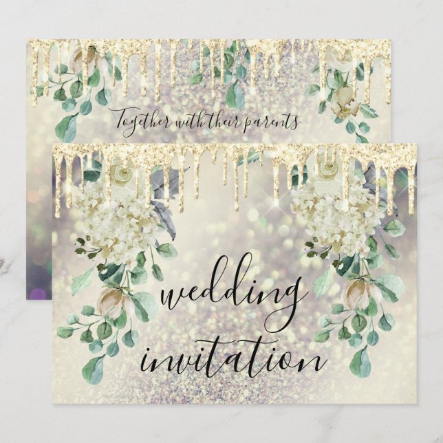 Invitation Parties scintillant Floral Mint vert Mariage or (Devant / Derrière)