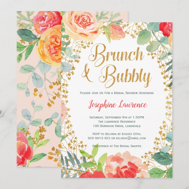 Invitation Parties scintillant Floral & Or Brunch Fêtes des m (Devant / Derrière)