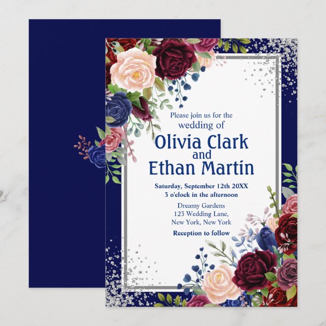 Invitation Parties scintillant Floral Silver de la marine de  (Devant / Derrière)