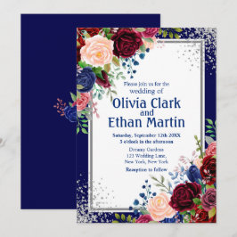 Invitation Parties scintillant Floral Silver de la marine de 