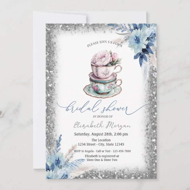Invitation Parties scintillant Floral Tea cup Baby shower cad (Devant)