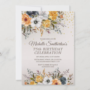 Invitation Parties scintillant florale bleu de la marine jaun