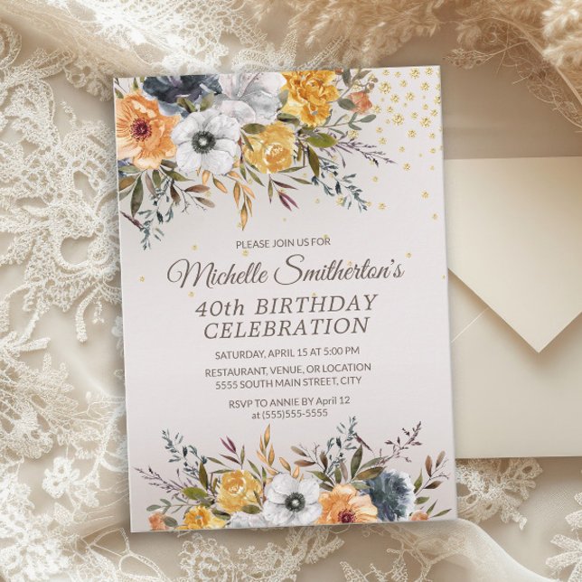 Invitation Parties scintillant florale Bleue de la Marine Jau (Rustic mustard yellow and navy blue watercolor floral 40th birthday party invitation)