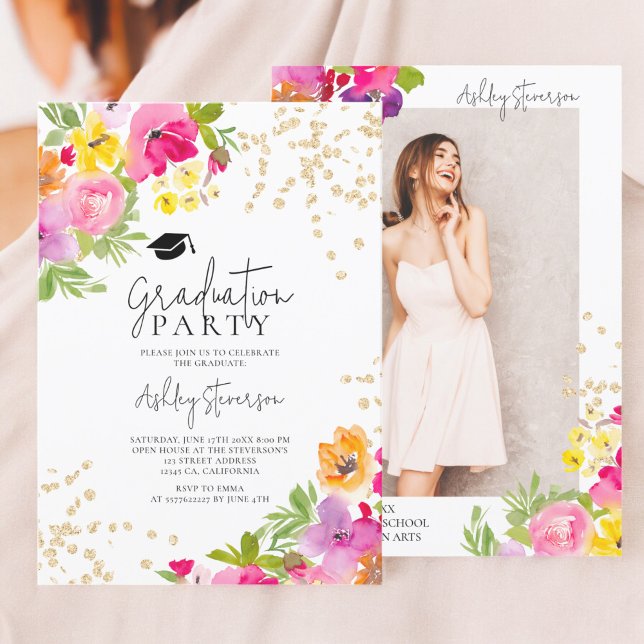 Invitation Parties scintillant florale botanique Gold (Botanical floral Gold glitter photo graduation Invitation)