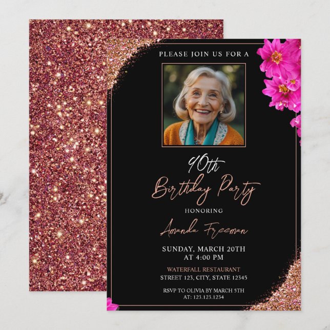 Invitation Parties scintillant florale chic 90e anniversaire (Devant / Derrière)